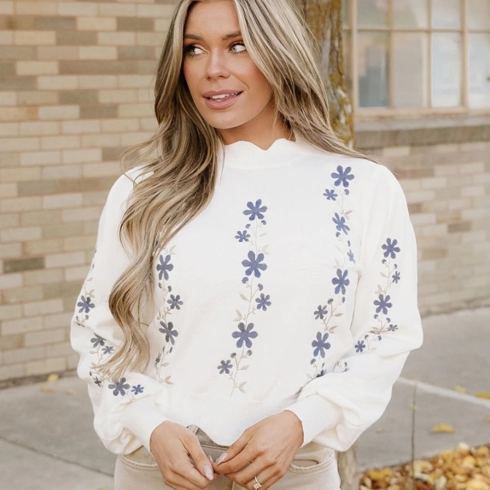 Floral Embroidered Mock Neck Pullover Sweater - Cream with Blue Flowers